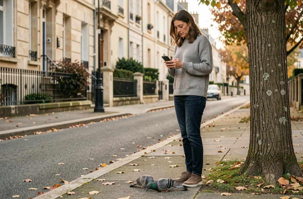 Femme en ville cherchant sur son téléphone qui appeler pour signaler un animal mort sur la voie publique