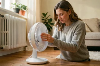 Femme ajustant un ventilateur oscillant pour faire circuler l'air chaud dans un salon en automne