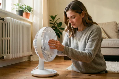Femme ajustant un ventilateur oscillant pour faire circuler l'air chaud dans un salon en automne