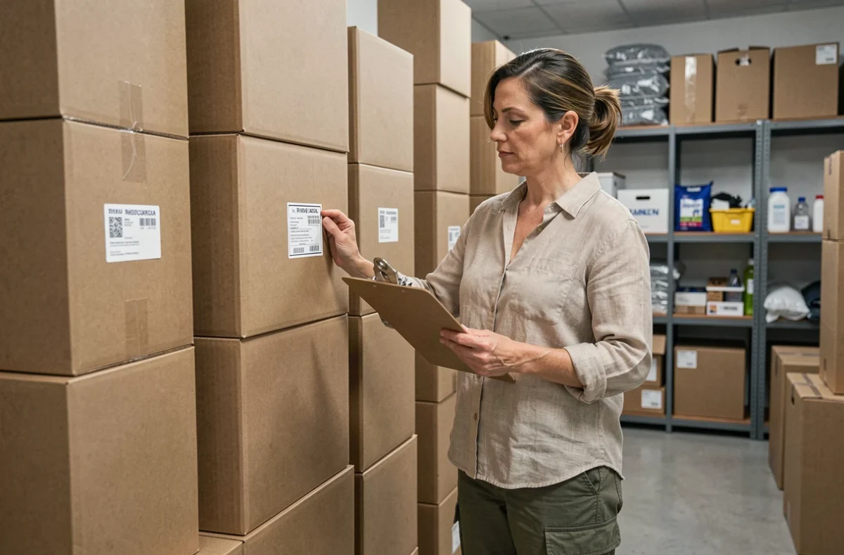 Femme inspectant un grand carton de déménagement dans un entrepôt de stockage entouré de cartons empilés