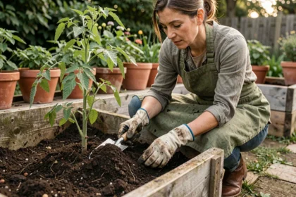 Femme en tablier de lin épandant du compost maison autour de plants de tomates dans un jardin potager surélevé