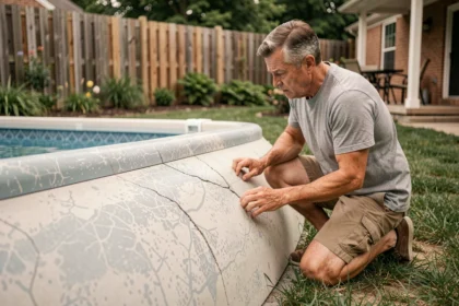 Homme examinant des fissures sur la coque d'une piscine en fibre de verre dans un jardin résidentiel