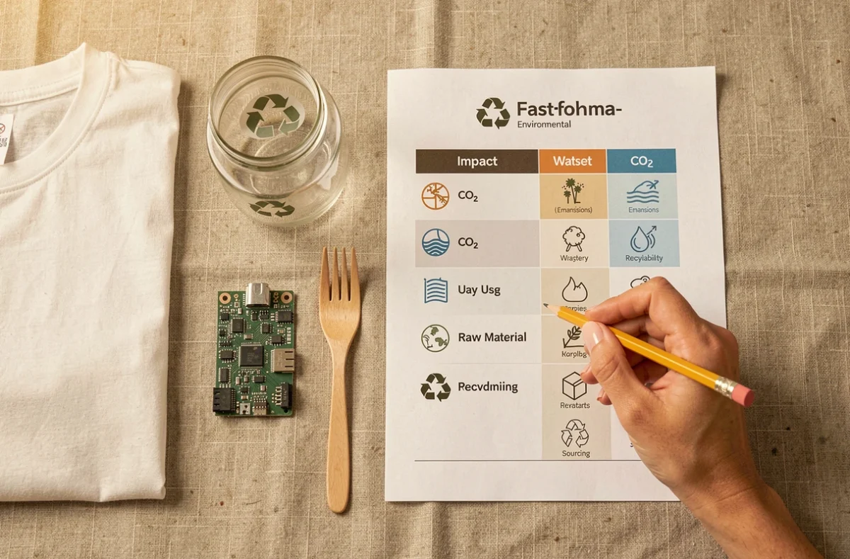 Vue aérienne de différents objets avec un tableau comparatif des indicateurs d'impact environnemental incluant CO2 et recyclabilité