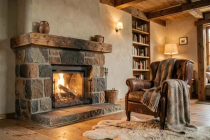 Foyer intérieur à bois en pierre naturelle dans un salon scandinave chaleureux avec fauteuil en cuir et plaid en laine