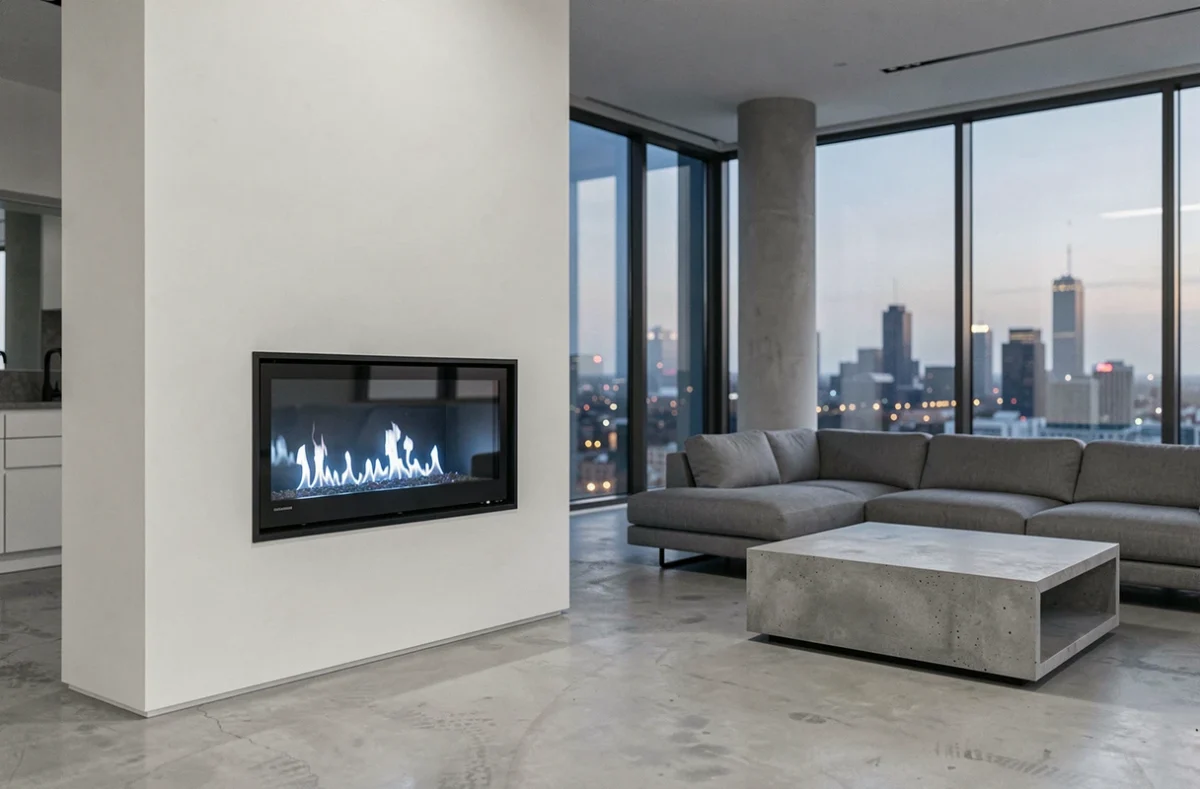Foyer à éthanol encastré dans un mur blanc épuré d'un appartement contemporain avec vue sur la ville