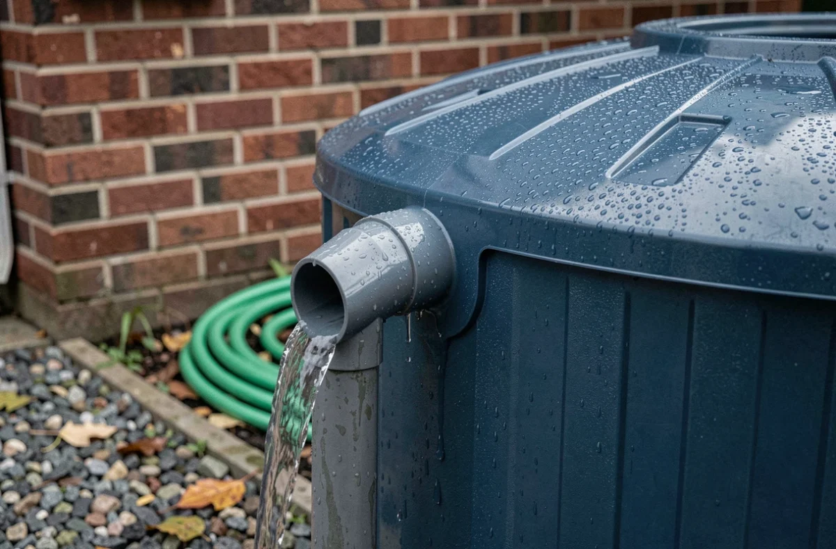 Eau de pluie s'écoulant d'une gouttière dans un récupérateur plastique fixé contre un mur en brique