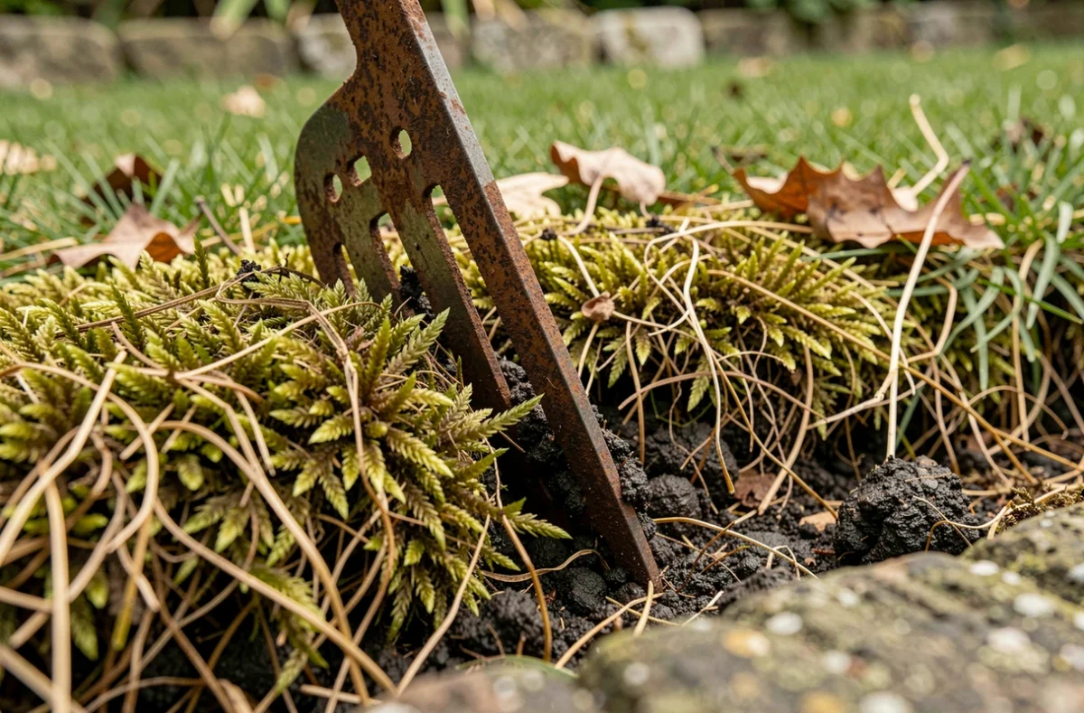 Gros plan sur les griffes d'un scarificateur arrachant la mousse et le chaume d'une pelouse