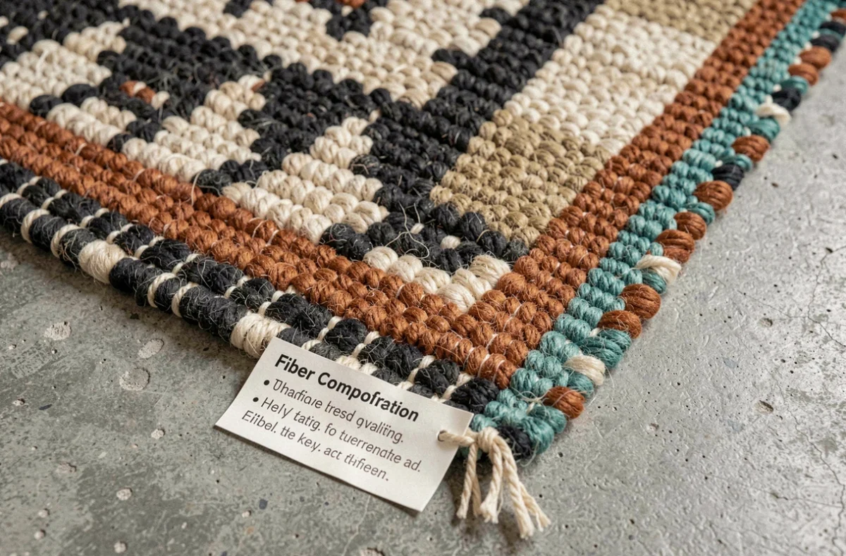 Gros plan sur les fibres et les motifs d'un kilim marocain fait main avec étiquette de composition textile visible