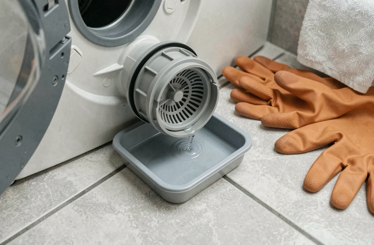 Gros plan sur le filtre de vidange d'une machine à laver avec bac de récupération d'eau