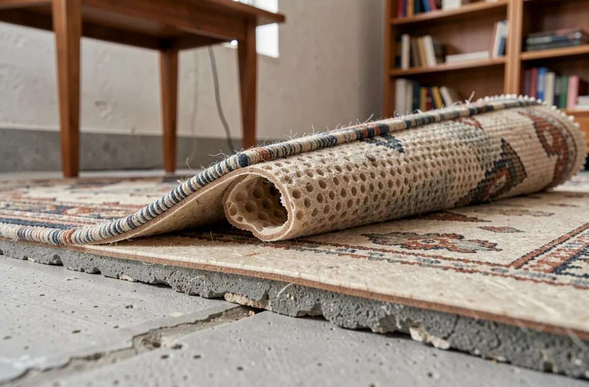 Gros plan sur les couches d'un sous-tapis en feutre et d'un tapis en laine relevé sur un sol en béton