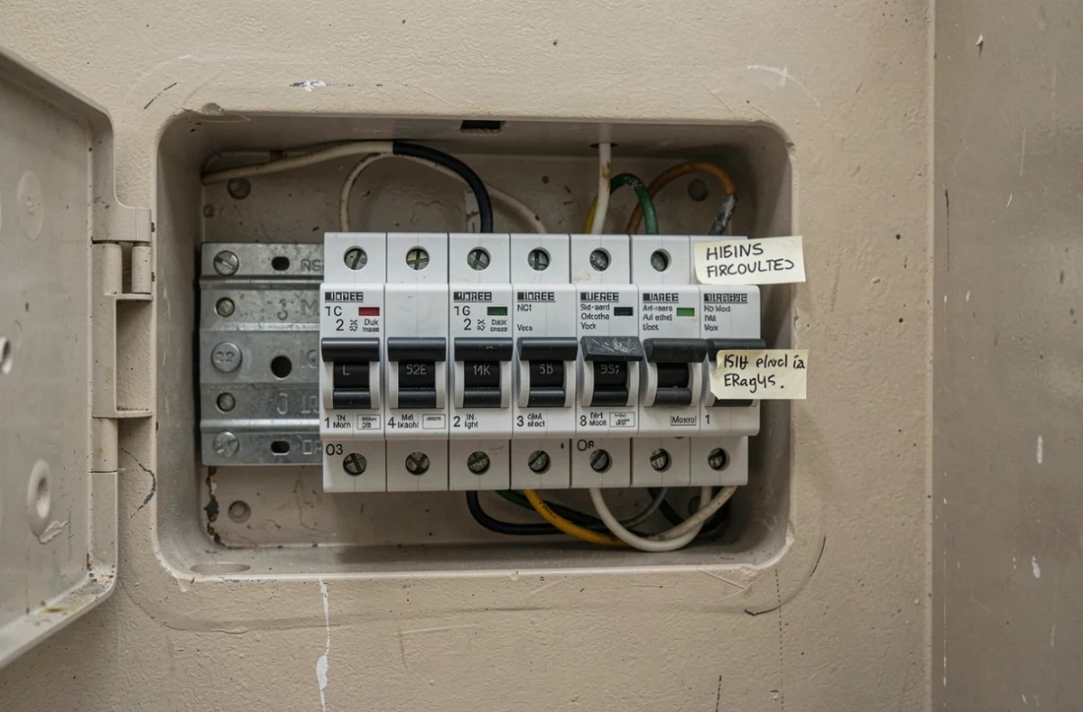 Gros plan d'un tableau électrique résidentiel ouvert avec disjoncteurs et étiquettes de circuits