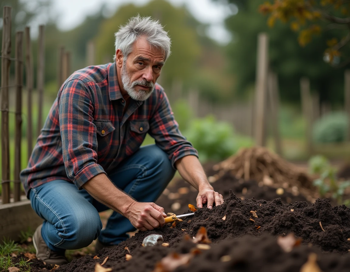 Homme retournant un tas de compost dans un jardin communautaire avec une fourche, découvrant des déchets non compostables comme du plastique et des restes de cuisine cuits