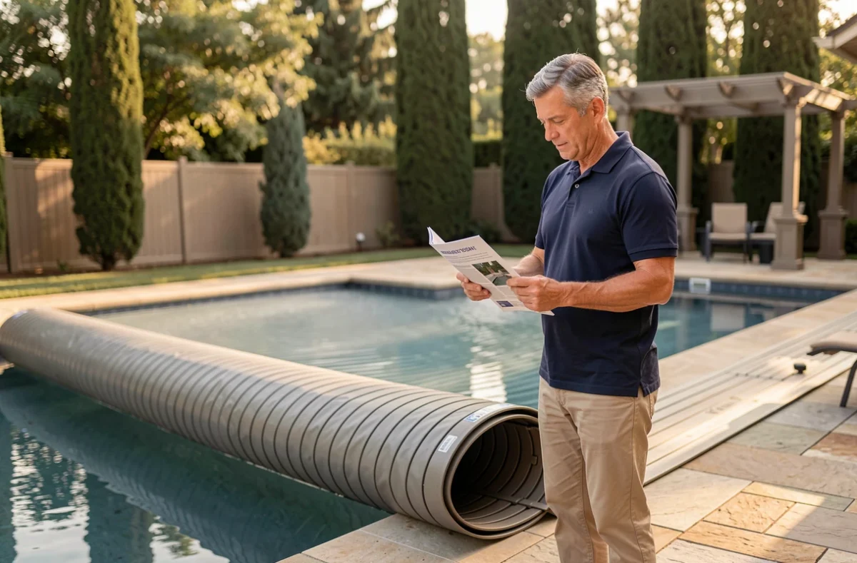 Homme consultant une brochure sur les couvertures de piscine au bord d'une piscine extérieure en été