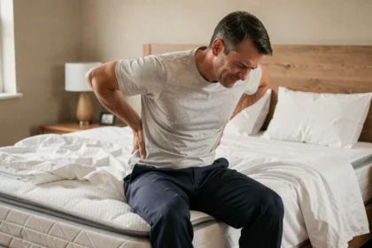 Homme assis sur le bord d'un matelas ferme se tenant le bas du dos, illustrant les douleurs dorsales liées au choix du matelas