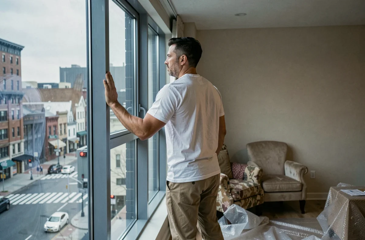 Homme regardant par la fenêtre de son nouvel appartement après un déménagement, entouré de meubles dépareillés et d'emballages