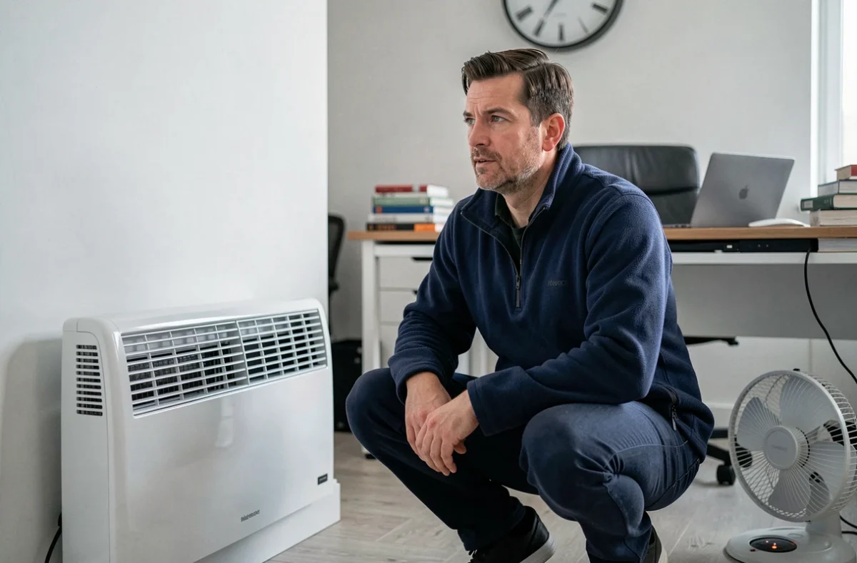 Homme installant un radiateur électrique et un ventilateur pour optimiser la circulation de l'air chaud dans un bureau