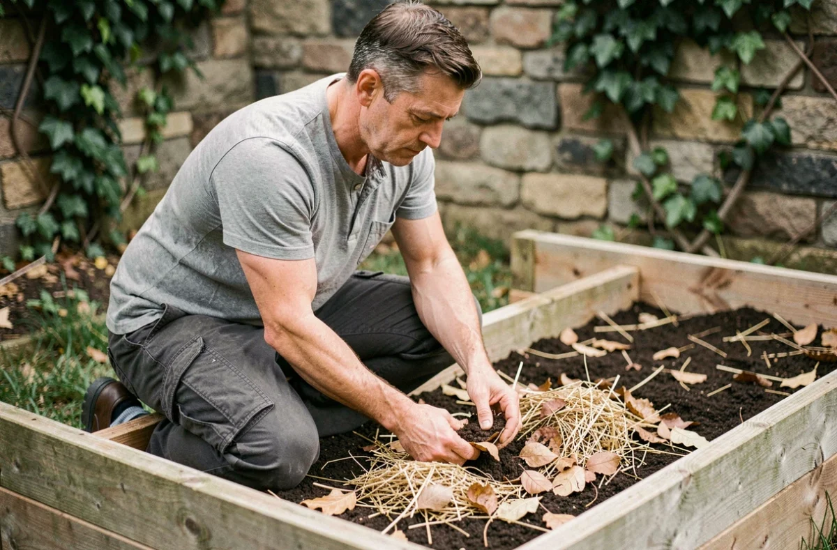 Homme mélangeant du paillis et de la matière organique dans un potager surélevé pour revitaliser la terre