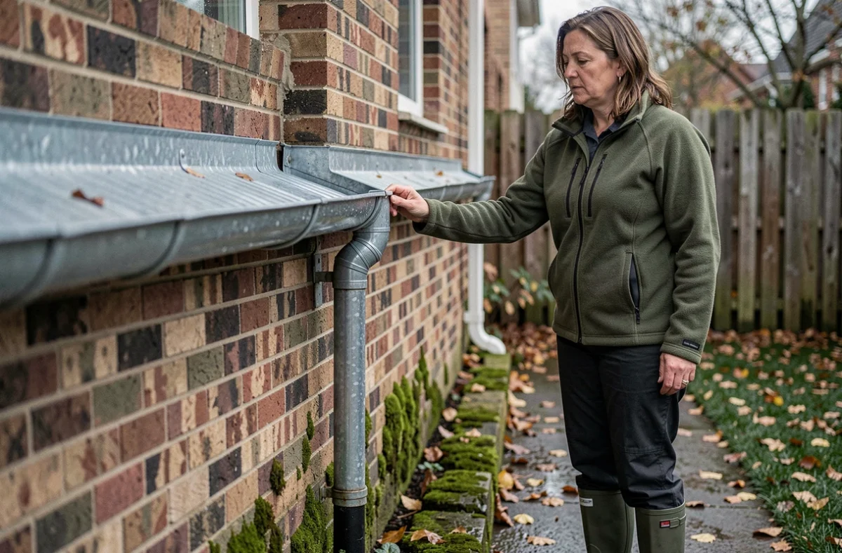 Femme inspectant une gouttière en zinc pour protéger une façade de maison contre les infiltrations d'eau de pluie