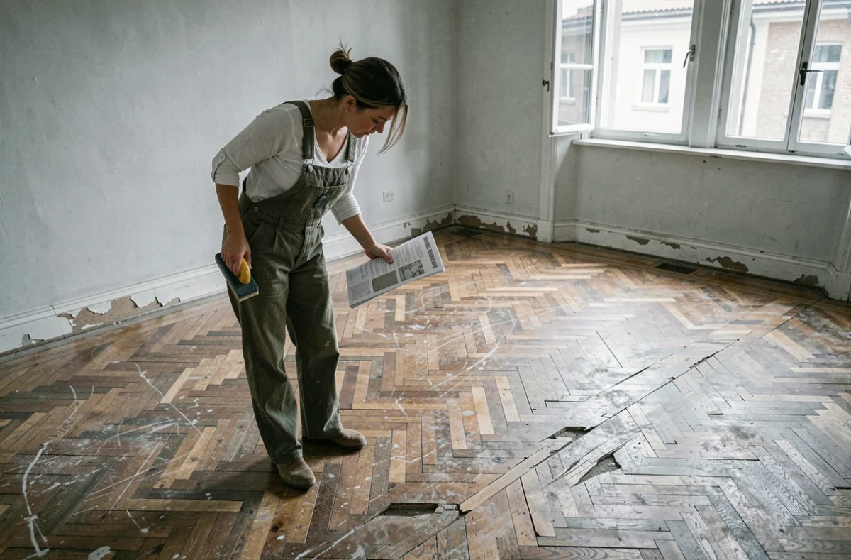 Femme inspectant un parquet ancien très usé dans un appartement en cours de rénovation, tenant un bloc de ponçage