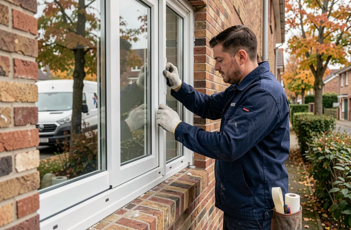 Technicien installant une fenêtre à double vitrage sur la façade d'une maison individuelle, montrant le processus de pose professionnelle