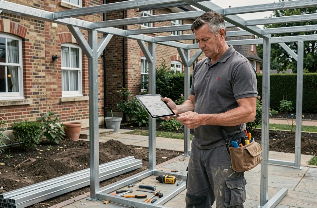 Artisan installant une pergola en acier sur une propriété résidentielle avec plans techniques sur tablette
