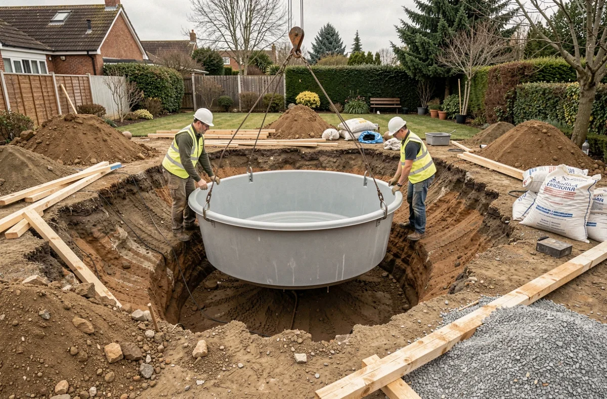 Installation d'une piscine en coque préfabriquée avec excavation du jardin et ouvriers sur chantier