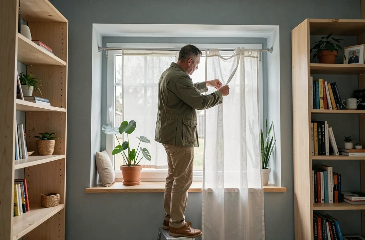 Homme installant une tringle à rideau télescopique sans vis dans l'encadrement d'une fenêtre d'un bureau à domicile style scandinave