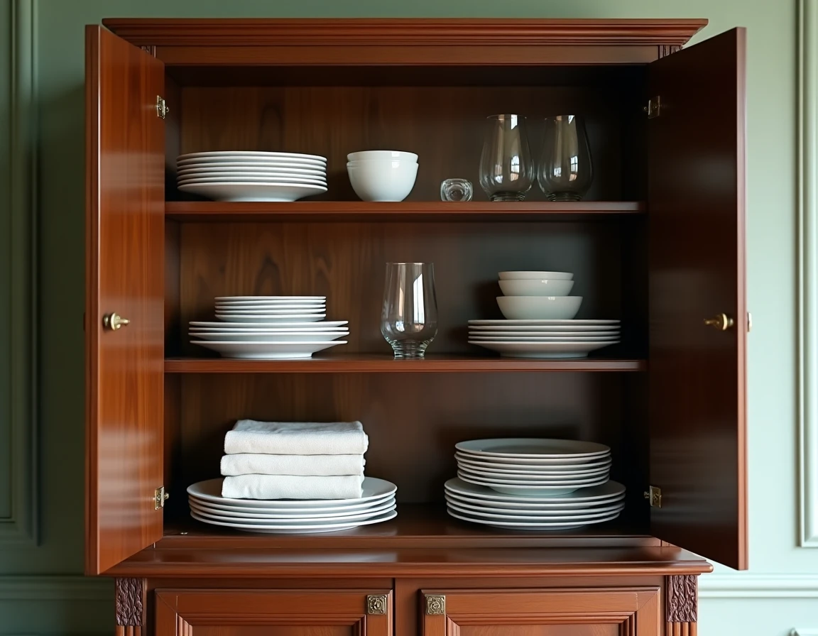 Intérieur de buffet en noyer organisé avec assiettes empilées, verres et serviettes pliées sur deux étagères
