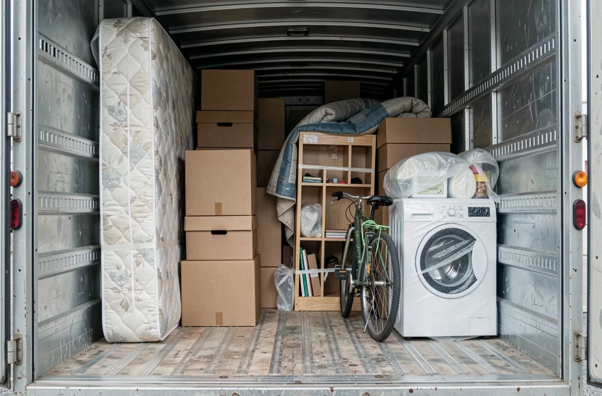 Intérieur d'un camion de déménagement 6m3 entièrement chargé avec matelas, cartons et appareils électroménagers