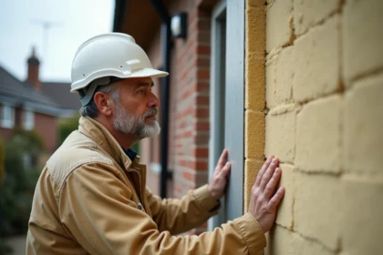 Ouvrier posant des panneaux d'isolation thermique par l'extérieur sur une façade de maison individuelle