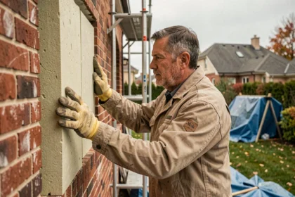 Ouvrier posant des panneaux d'isolation thermique par l'extérieur sur un mur en brique d'une maison résidentielle