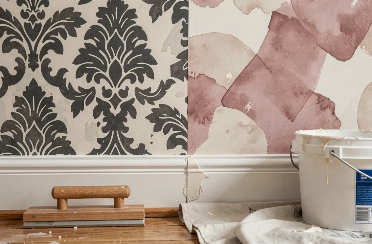 Gros plan sur la jonction précise entre deux papiers peint différents, un motif damassé et un motif aquarelle abstrait, posés sur un mur intérieur
