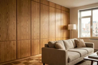 Salon moderne avec lambris en chêne couvrant tous les murs du sol au plafond, décoration scandinave épurée