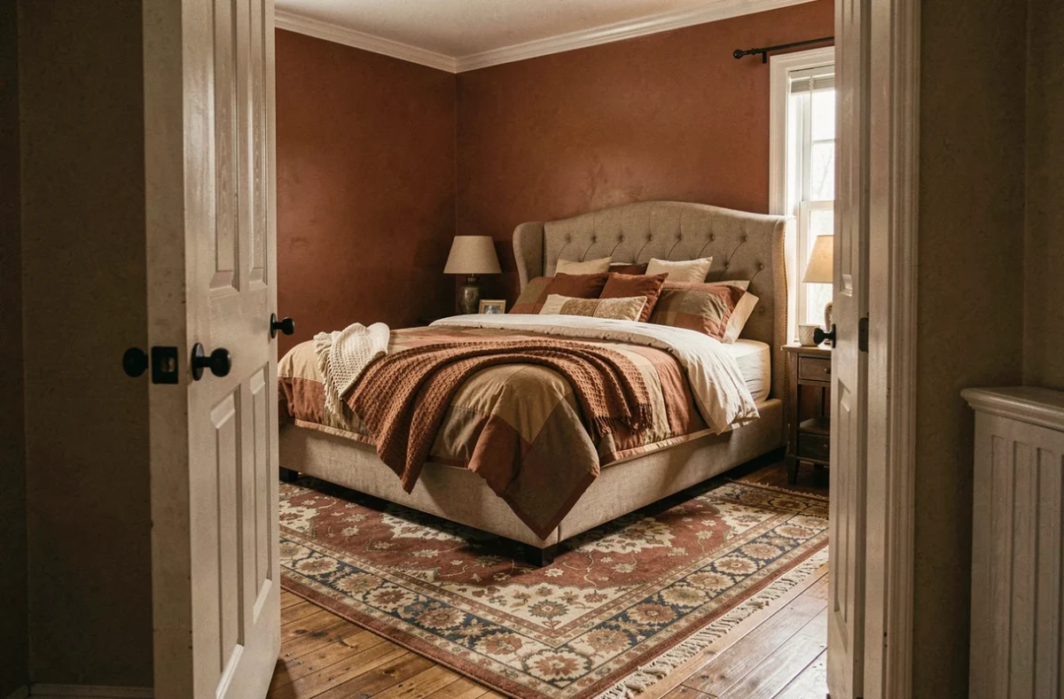 Chambre traditionnelle et chaleureuse avec lit en angle par rapport à la porte, vue depuis l'entrée montrant une disposition alternative selon le feng shui