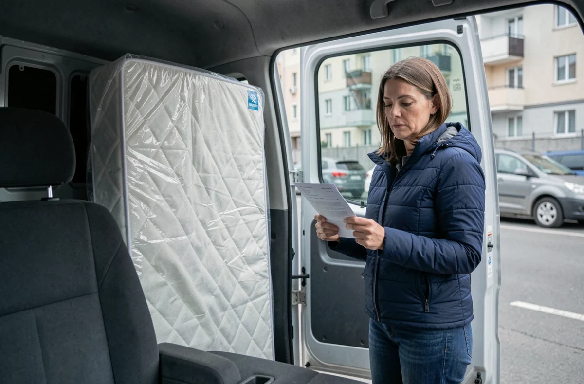 Intérieur d'un van utilitaire de location avec un matelas en mousse emballé et une femme consultant un contrat dehors