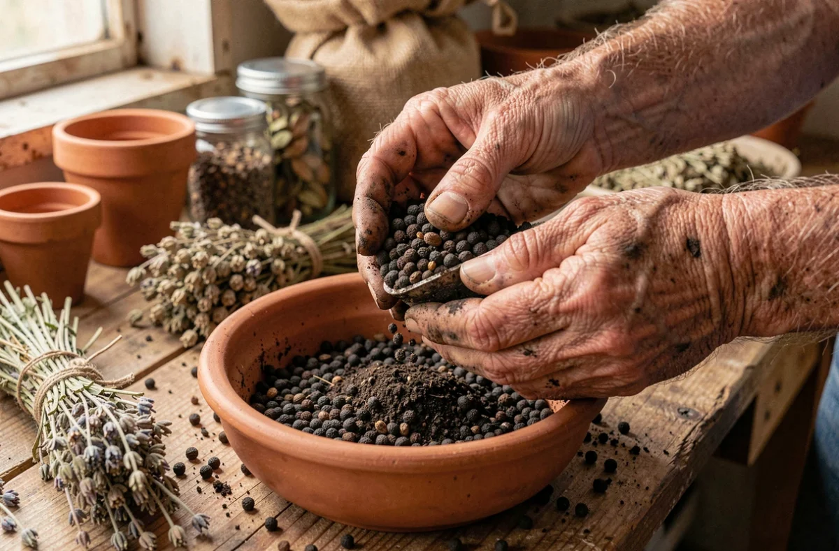 Gros plan de mains de jardinier tenant du lombricompost riche au-dessus d'un bol en terre cuite sur une table de rempotage