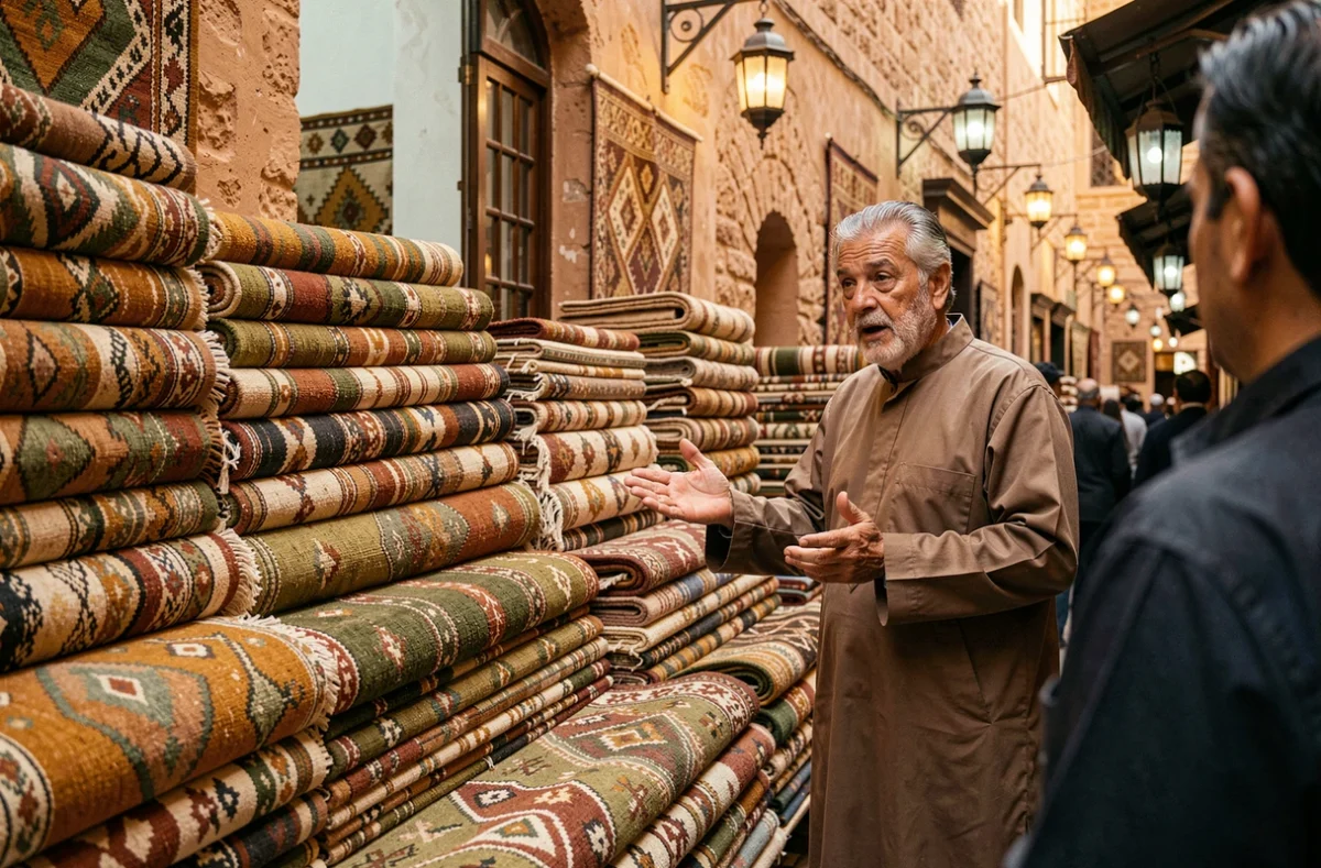 Marchand de tapis marocains dans un souk de la médina présentant des tapis berbères aux motifs traditionnels