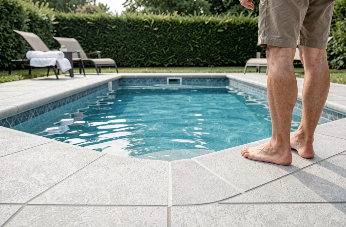 Margelles en résine composite antidérapantes autour d'une piscine familiale dans un jardin privé