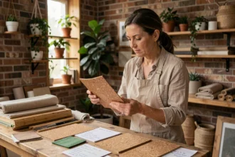 Conceptrice de matériaux examinant des échantillons de matériaux durables et recyclés dans un studio de design écologique