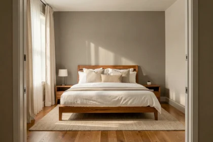 Chambre avec lit placé contre un mur central loin de la fenêtre, optimisant le feng shui et le confort de la pièce