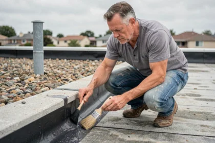 Artisan appliquant une membrane d'étanchéité sur un toit plat pour bloquer l'eau de pluie