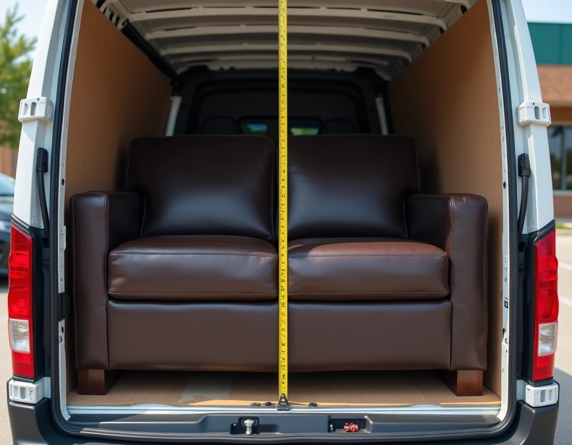 Canapé en cuir marron mesuré avec un mètre ruban à l'intérieur d'une camionnette, illustrant la question de l'espace disponible