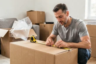 Homme mesurant un grand carton de déménagement avec un mètre ruban dans un salon en cours de déménagement