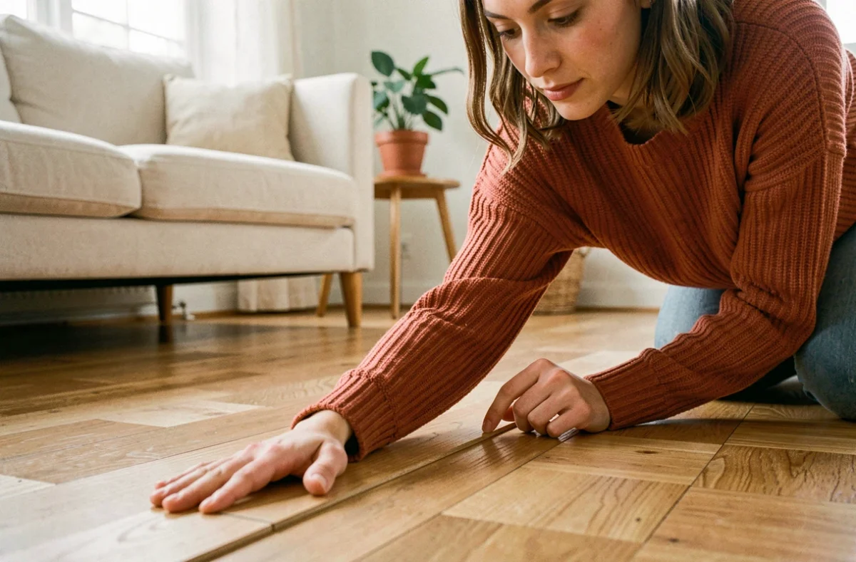 Jeune femme mesurant 20 cm avec son avant-bras sur un parquet en bois dans un salon nordique
