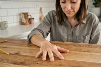 Femme mesurant environ 20 cm avec un empan de la main sur une table en bois dans une cuisine