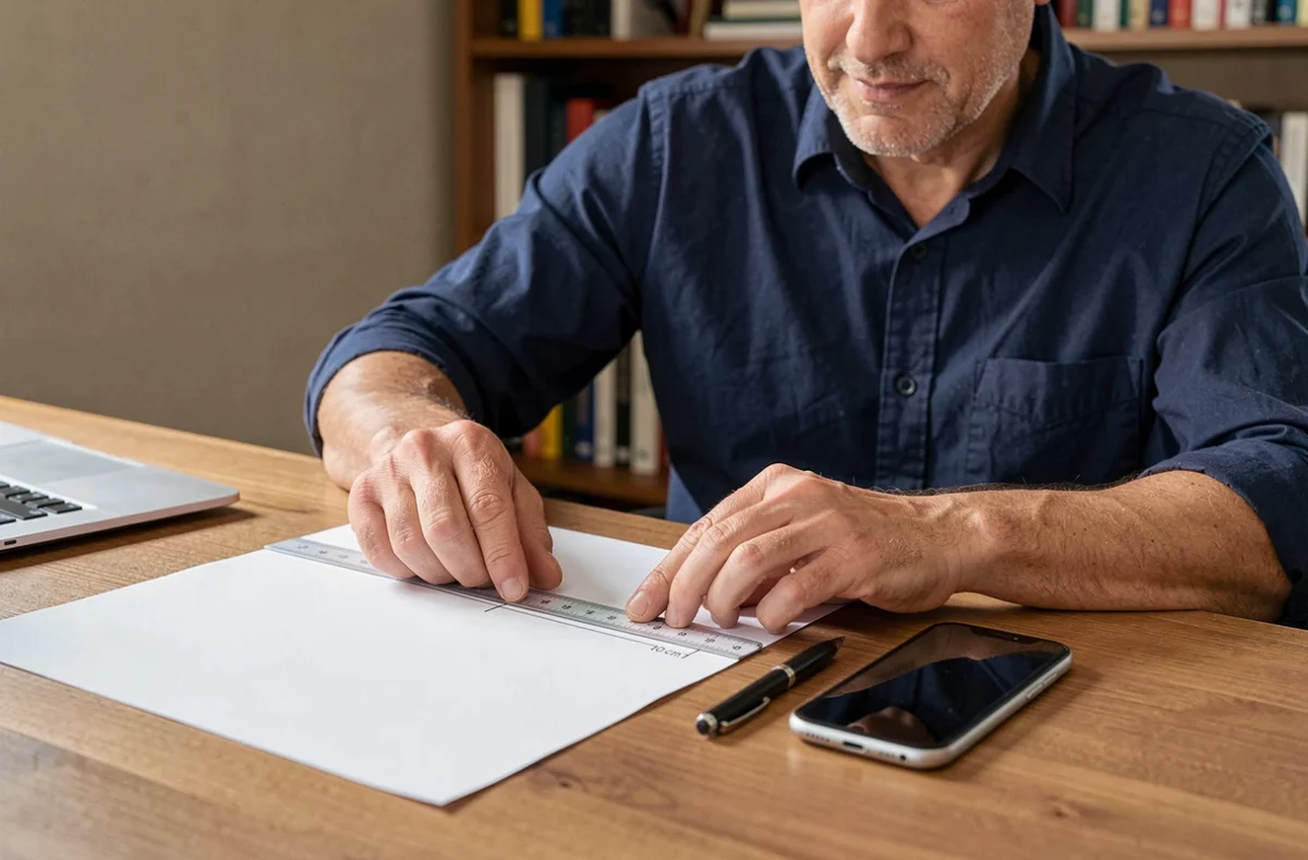Homme utilisant une feuille A4 pour estimer une longueur de 20 cm sur un bureau à domicile