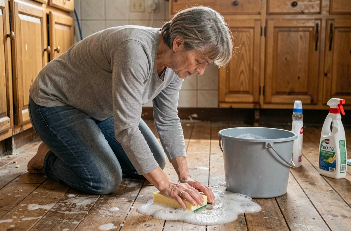 Femme nettoyant un parquet abîmé à la main avec une éponge et de l'eau savonneuse dans une pièce domestique