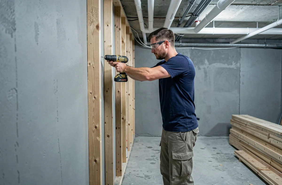 Propriétaire installant une ossature en bois dans un sous-sol nouvellement construit lors de travaux d'aménagement intérieur