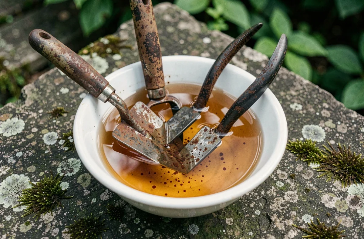 Outils de jardinage rouillés trempant dans du vinaigre de cidre dans un bol en céramique posé sur une table en pierre au jardin