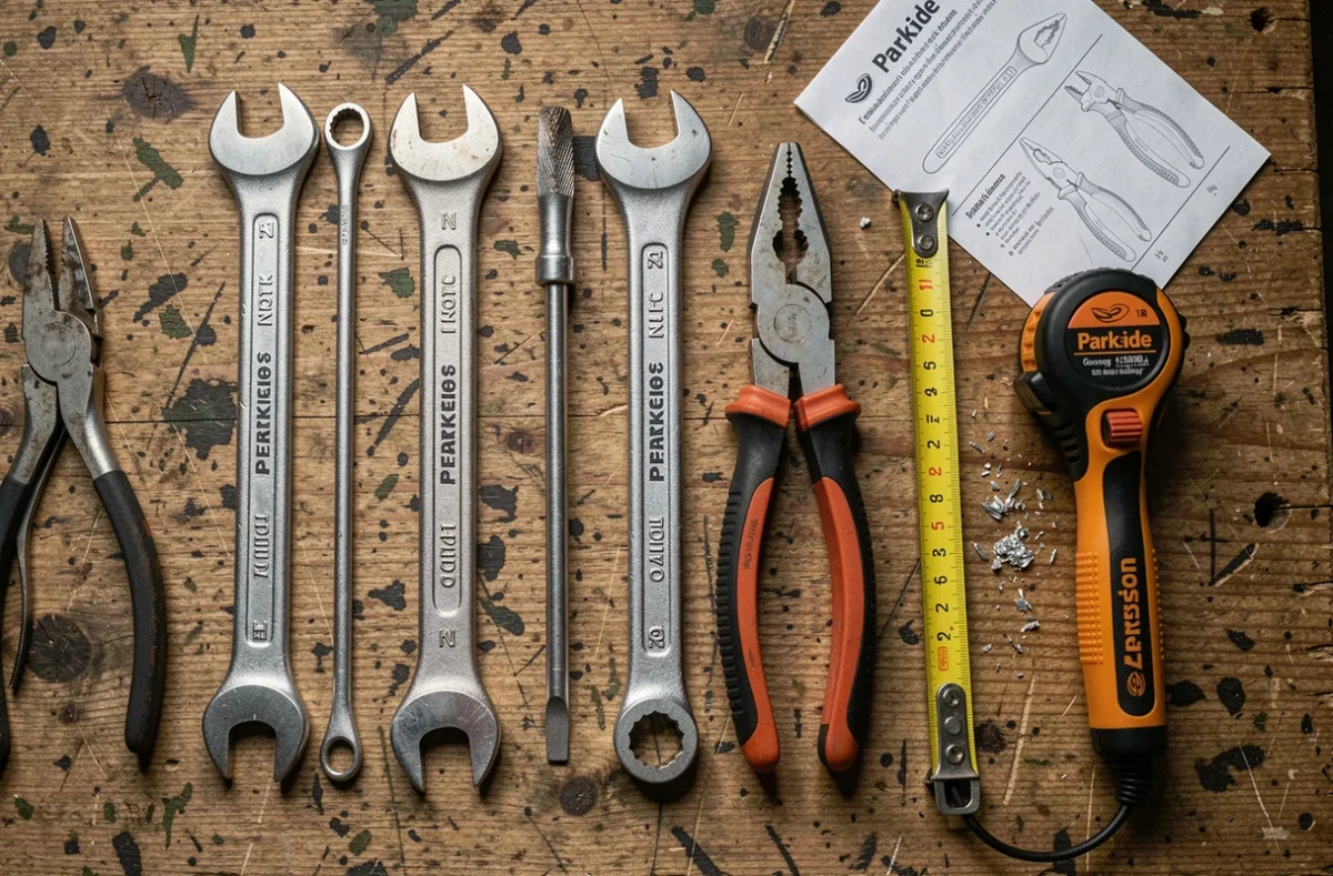 Assortiment d'outils à main de la marque Parkside vendus chez Lidl posés sur un établi en bois